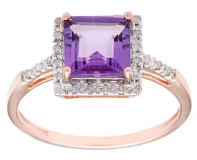 10k Rose Gold Square Amethyst and Diamond Halo Ring