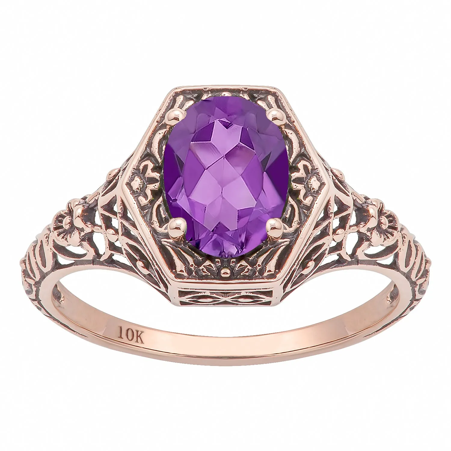 10k Rose Gold Vintage Style Genuine Oval Amethyst Filigree Ring