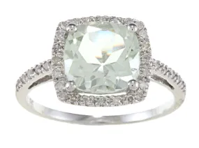 10k White Gold Cushion Green Amethyst and Diamond Halo Ring
