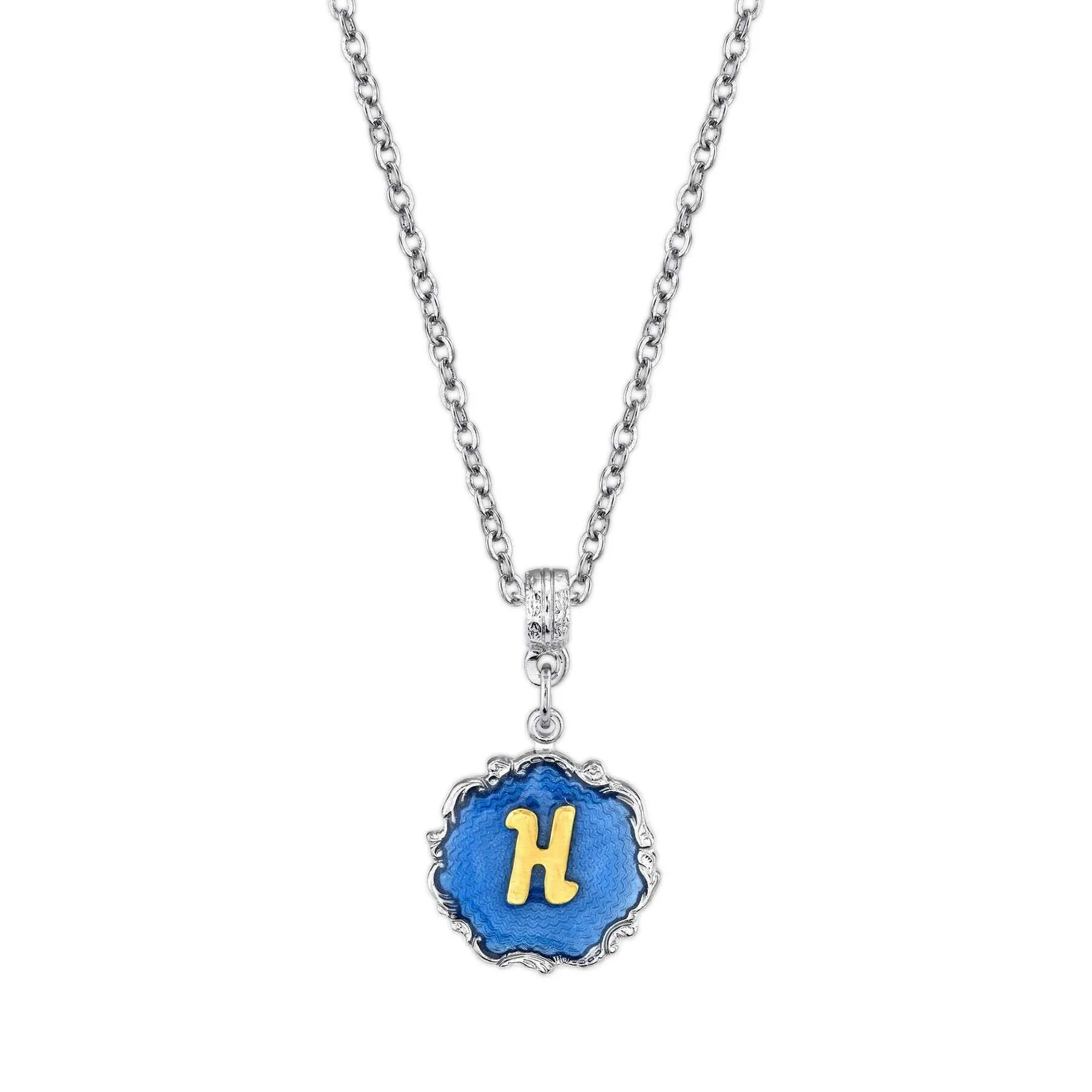 1928 Jewelry Sunburst Blue Enamel Initial Necklace 16"   3" Extender