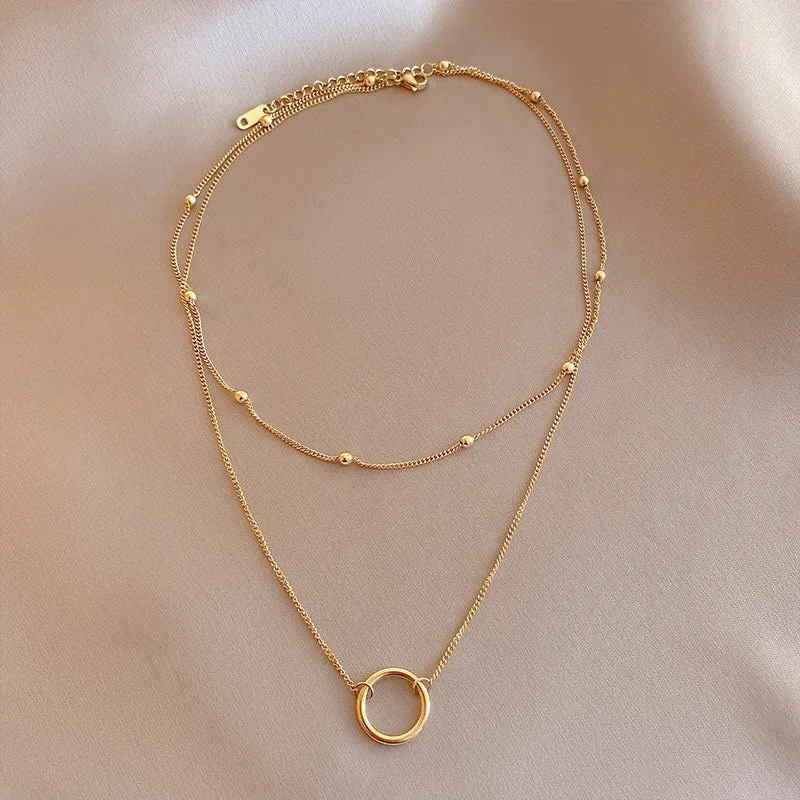 316L Stainless Steel 2 Layer Circle Pendant Necklace For Women