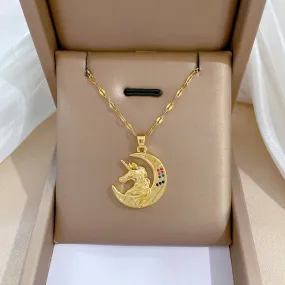316L Stainless Steel Moon Horse Pendant Necklace For Women