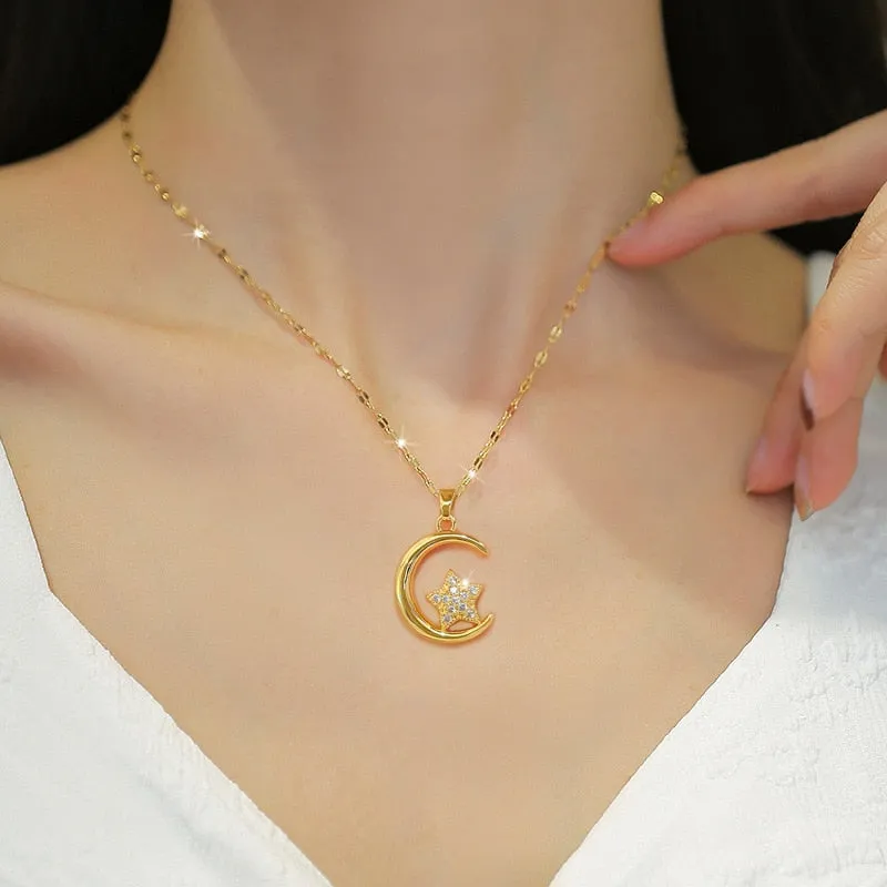 316L Stainless Steel Moon Star Pendant Necklace For Women