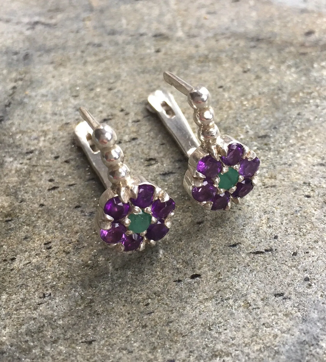 Amethyst Flower Earrings - Purple Drop Earrings - Emerald Dainty Earrings