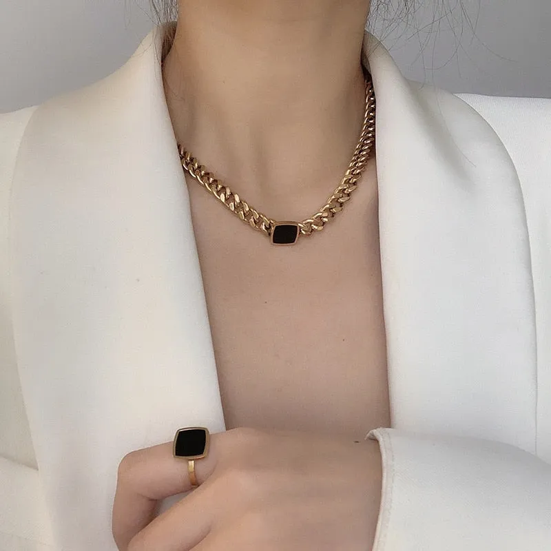 Black Square Charms Thick Chain Choker Bracelet Necklaces Pendants For Women