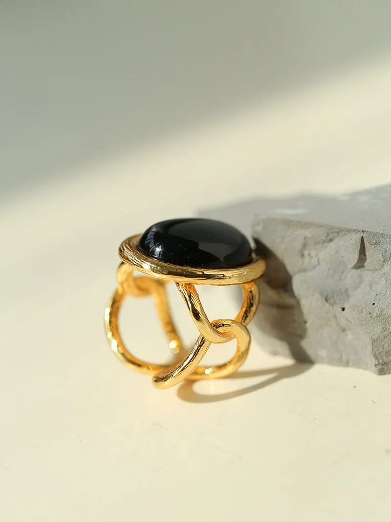 Fashion Oval Black Agate Open Ring