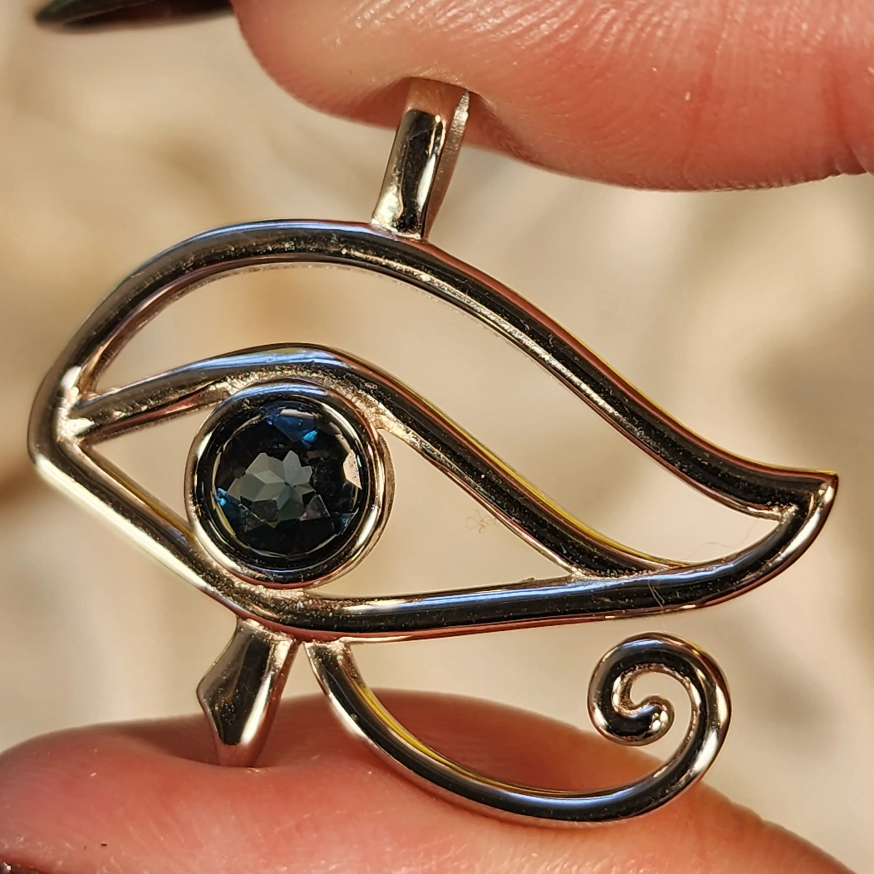 London Blue Topaz Eye of Horus Amulet Pendant .925 Silver for Esoteric Wisdom, Communication with Spirit Guides and Peace