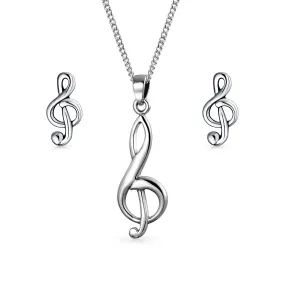 Musician Treble Music Note Earrings Stud & Pendant Necklace Silver Jewelry Set