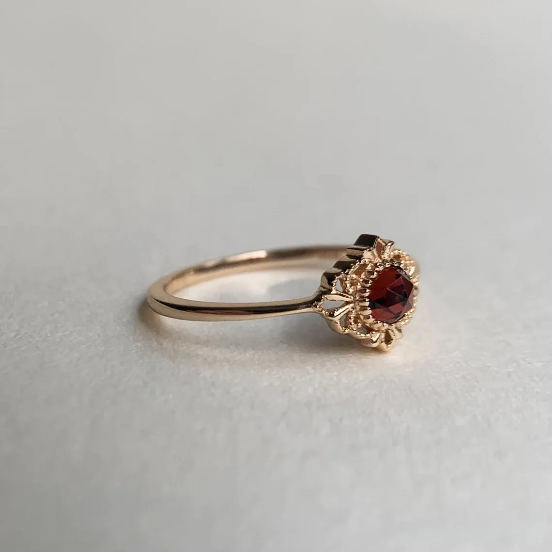 Natural Round Cut Garnet Bezel Set Solitaire Vintage Rings - 14k Gold Vermeil Rings