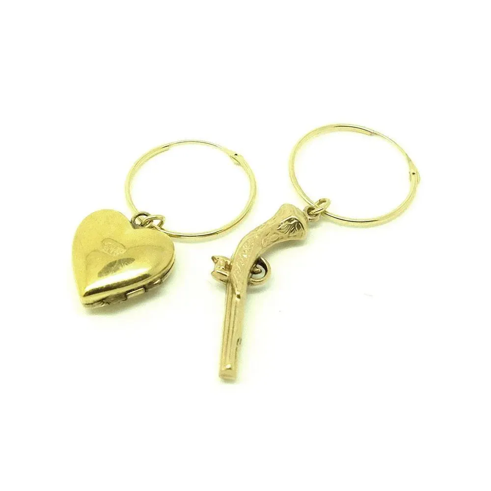 Reserved - Vintage Gun & Heart Locket Charm Hoop Earrings
