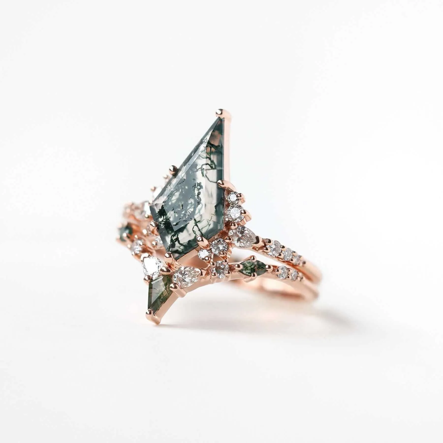 Trendolla 18K Gold Double Triangle Moss Agate And CZ Diamond Ring Set